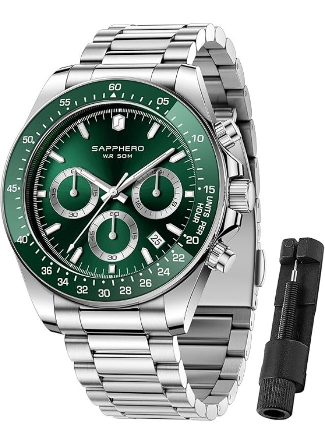 SAPPHERO Men's Stainless Steel Chronograph Watch, 50m Water Resistant, Analog Quartz Movement with Date Display, Classic and Elegant Luxury Watch, Refined Gift for Men - Image 1